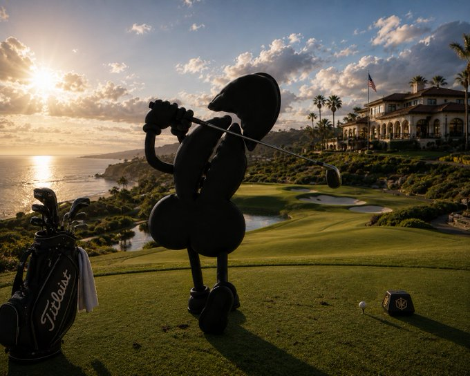 Rubenhood mascot teeing off at a sunset coastal golf course