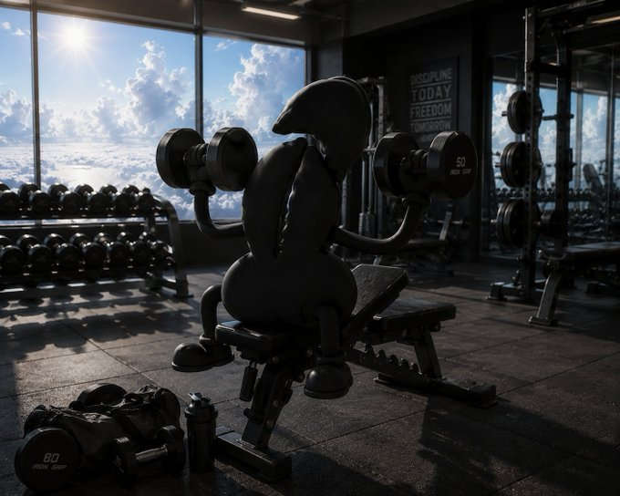 Rubenhood mascot lifting dumbbells in a luxury skyline gym